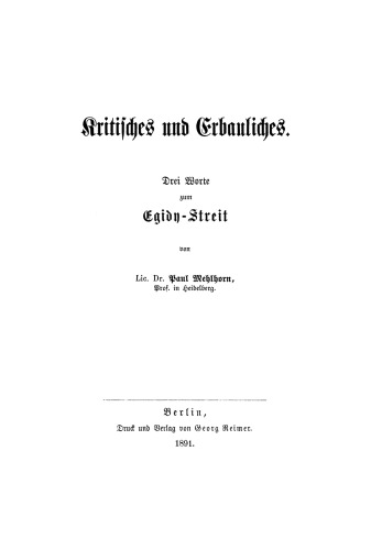 Kritisches und Erbauliches: Drei Worte zum Egidy-Streit