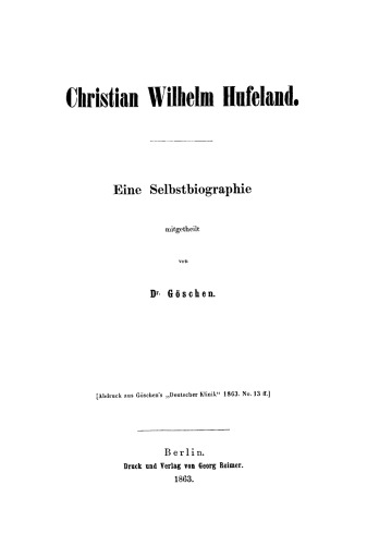 Christian Wilhelm Hufeland: Eine Selbstbiographie