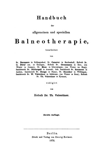 Handbuch der allgemeinen und speciellen Balneotherapie