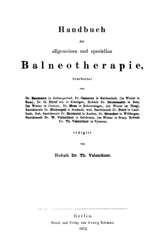 Handbuch der allgemeinen und speciellen Balneotherapie
