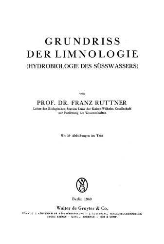 Grundriß der Limnologie: (Hydrobiologie des Süßwassers)