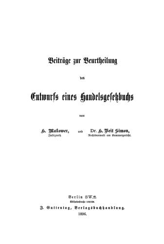 Beiträge zur Beurtheilung des Entwurfs eines Handelsgesetzbuchs