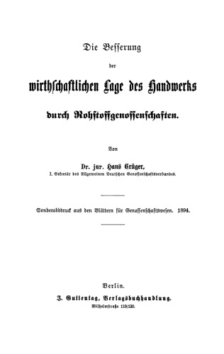 Die Besserung der wirtschaftlichen Lage des Handwerks durch Rohstoffgenossenschaften