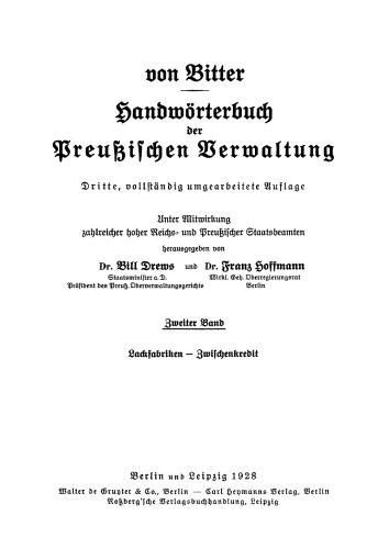 Handwörterbuch der Preußischen Verwaltung: Lackfabriken - Zwischenkredit