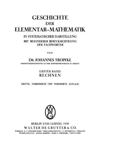 Geschichte der Elementarmathematik: Band 1 Rechnen