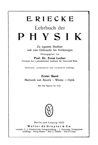 Lehrbuch der Physik: Band 1 Mechanik und Akustik – Wärme – Optik