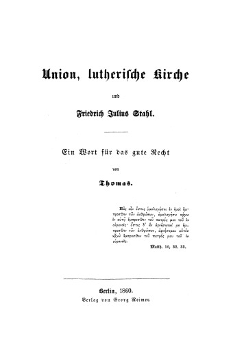 Union, lutherische Kirche und Friedrich Julius Stahl