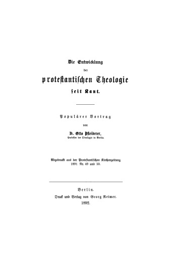 Die Entwicklung der protestantischen Theologie seit Kant: Populärer Vortrag