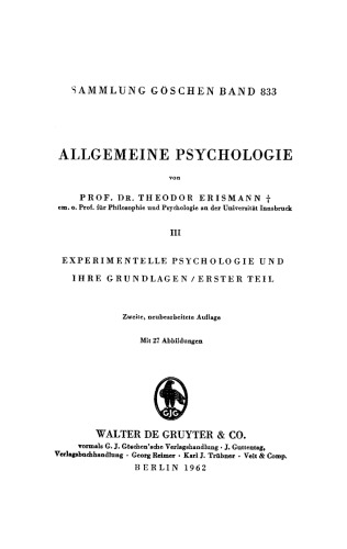 Allgemeine Psychologie: Band 3 Experimentelle Psychologie und ihre Grundlagen, Teil 1