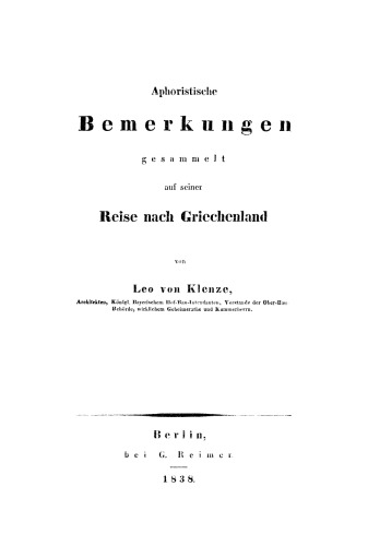 Aphoristische Bemerkungen: gesammelt auf seiner Reise nach Griechenland