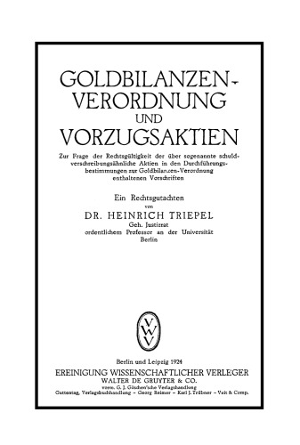 Goldbilanzen-Verordnung und Vorzugsaktien ...: Ein Rechtsgutachten