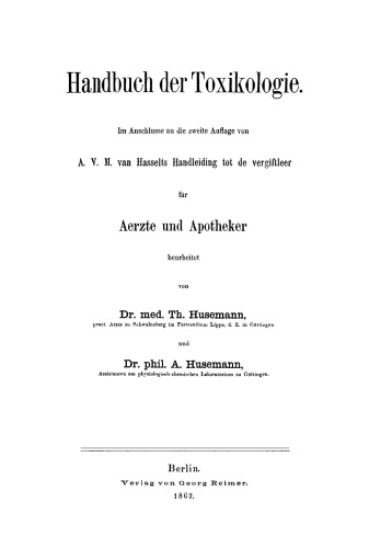 Handbuch der Toxikologie: Halbband 2