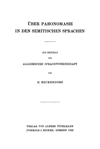 Über Paronomasie in den semitischen Sprachen: Ein Beitrag zur allgemeinen Sprachwissenschaft