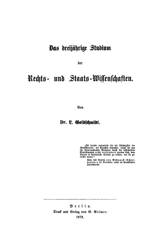 Das dreijährige Studium der Rechts- und Staats-Wissenschaften