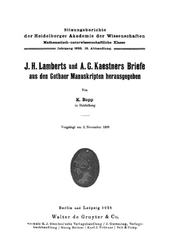 J. H. Lamberts und A. G. Kaestners Briefe aus den Gothaer Manuskripten