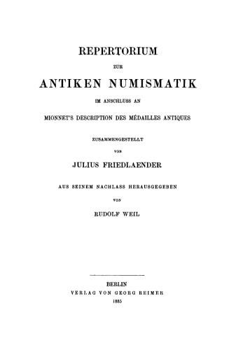 Repertorium zur antiken Numismatik im Anschluß an Mionnet’s Description des médailles antiques