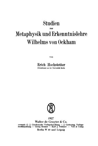 Studien zur Metaphysik und Erkenntnislehre Wilhelms von Ockham