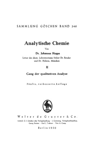 Analytische Chemie: Band 2 Gang der qualitativen Analyse