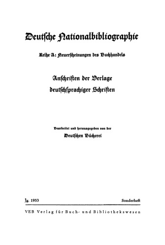 Anschriften der Verlage deutschsprachiger Schriften: Sonderheft