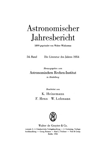 Astronomischer Jahresbericht: Band 54 Die Literatur des Jahres 1954