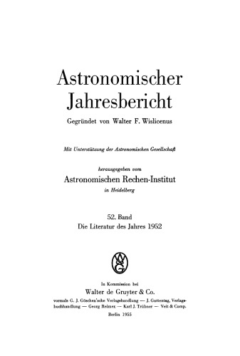 Astronomischer Jahresbericht: Band 52 Die Literatur des Jahres 1952