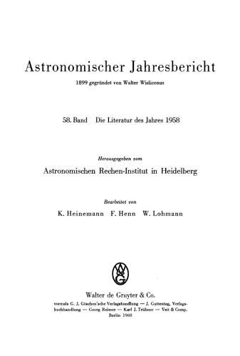 Astronomischer Jahresbericht: Band 58 Die Literatur des Jahres 1958