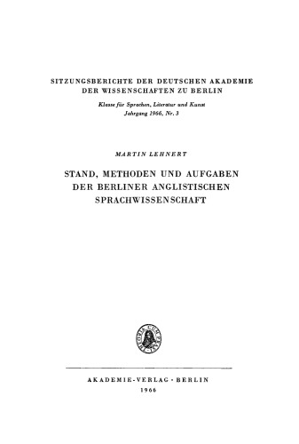 Stand, Methoden und Aufgaben der Berliner Anglistischen Sprachwissenschaft