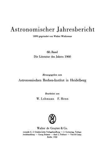 Astronomischer Jahresbericht: Band 60 Die Literatur des Jahres 1960