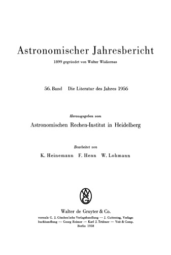 Astronomischer Jahresbericht: Band 56 Die Literatur des Jahres 1956