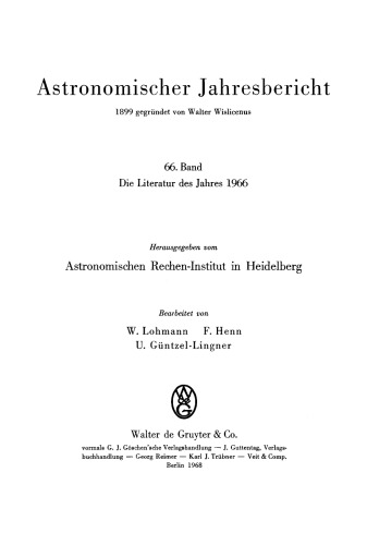 Astronomischer Jahresbericht: Band 66 Die Literatur des Jahres 1966