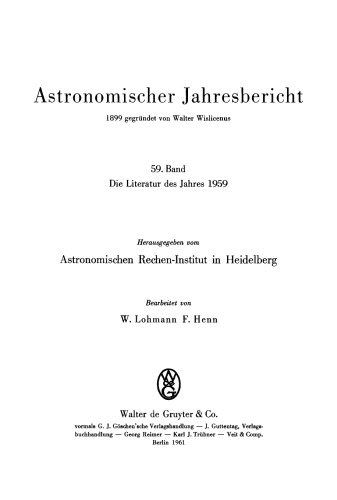 Astronomischer Jahresbericht: Band 59 Die Literatur des Jahres 1959