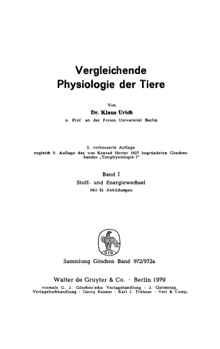 Vergleichende Physiologie der Tiere: Band 1 Stoff- und Energiewechsel