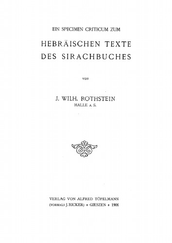 Ein Specimen Criticum zum Hebräischen Texte des Sirachbuches