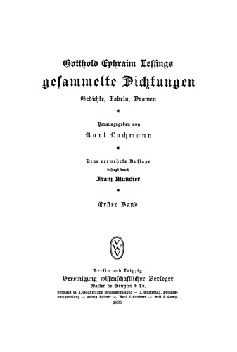 Gotthold Ephraim Lessings Sämmtliche Dichtungen: Band 1