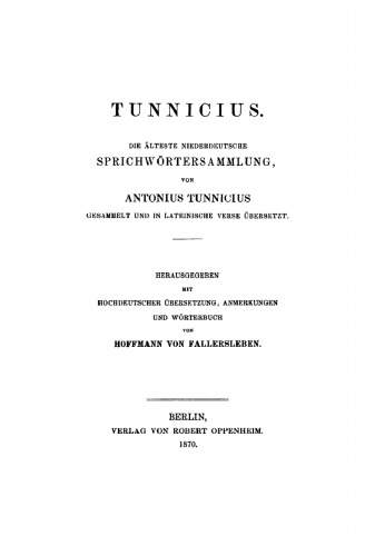 Tunnicius. Die Älteste Niederdeutsche Sprichwörtersammlung