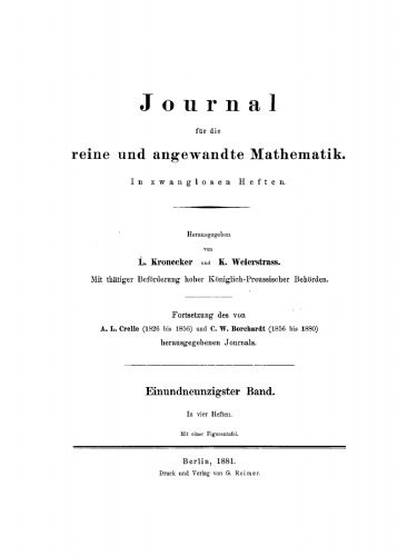 Journal für die reine und angewandte Mathematik: Band 91