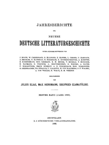 Jahresberichte für neuere deutsche Literaturgeschichte: Band 1 Jahr 1890