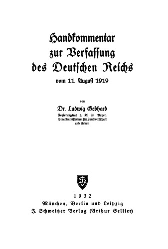 Handkommentar zur Verfassung des Deutschen Reichs vom 11. August 1919