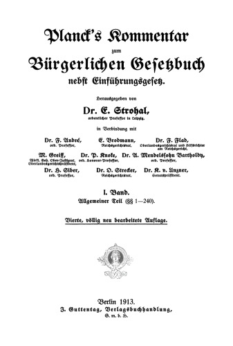 Planck's Kommentar zum Bürgerlichen Gesetzbuch: Band 1 Allgemeiner Teil (§§ 1–240)