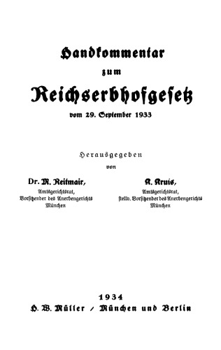Handkommentar zum Reichserbhofgesetz vom 29. September 1933