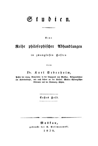 Studien. Eine Reihe philosophischer Abhandlungen in zwanglosen Heften, Heft 1