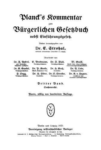 Planck's Kommentar zum Bürgerlichen Gesetzbuch: Band 3 Sachenrecht
