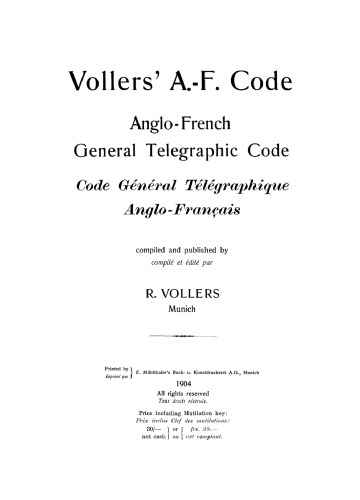 Vollers' General Telegaphic Code Anglo-French / Code Général Telégraphic Anglo-Français