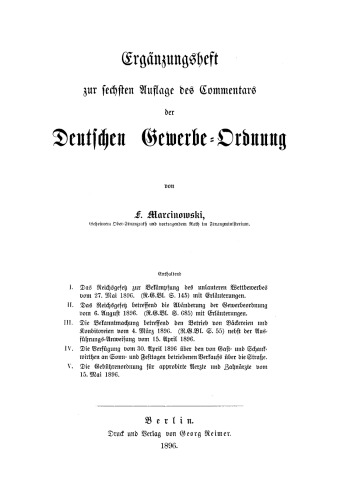 Ergänzungsheft zur sechsten Auflage des Commentars der Deutschen Gewerbe-Ordnung