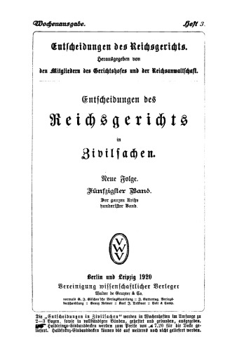 Entscheidungen des Reichsgerichts in Zivilsachen: Band 50, Heft 3
