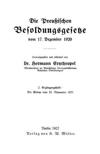 Die Preußischen Besoldungsgesetze: Ergänzungsheft 2 Die Gesetze vom 24. November 1921