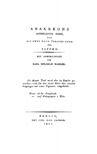 Anakreons auserlesene Oden und die zwey noch übrigen Oden der Sappho