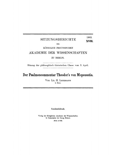 Der Psalmencommentar Theodor’s von Mopsuestia