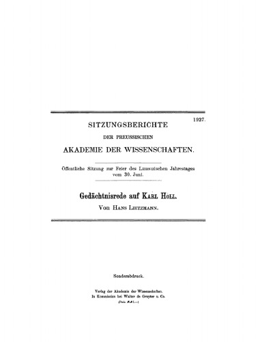Gedächtnisrede auf Karl Holl