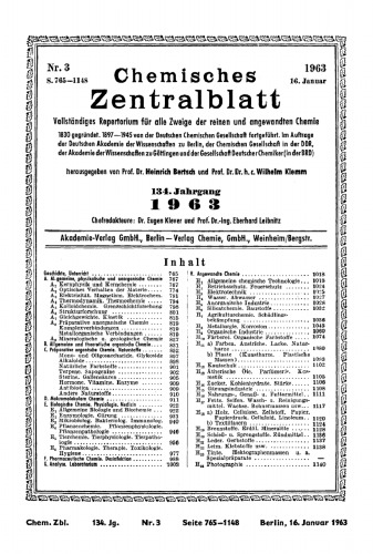 Chemisches Zentralblatt: 3/1963, 134. Jahrgang 16. Januar